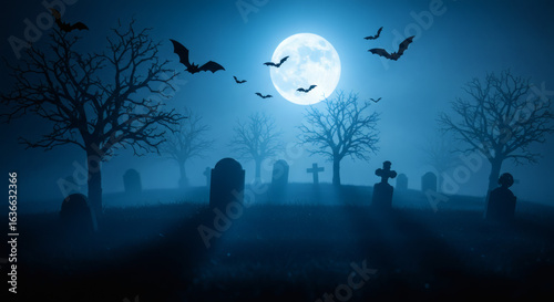 Foggy Halloween night in a graveyard, full moon in the sky, silhouetted tombstones