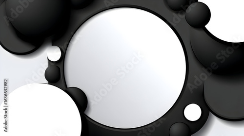 Stylish monochrome graphic featuring a central circle framed abstract black white shapes, ideal backgrounds design projects.
