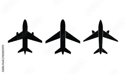 Three black airplane silhouettes flying in formation against a white background