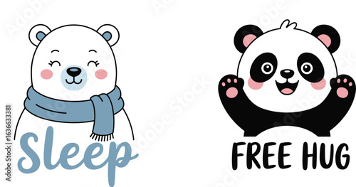 Cute animal illustration, cartoon bear design, kawaii panda art, baby nursery wall decor, kids poster with text, adorable animals, pastel colors, sleep free hug print