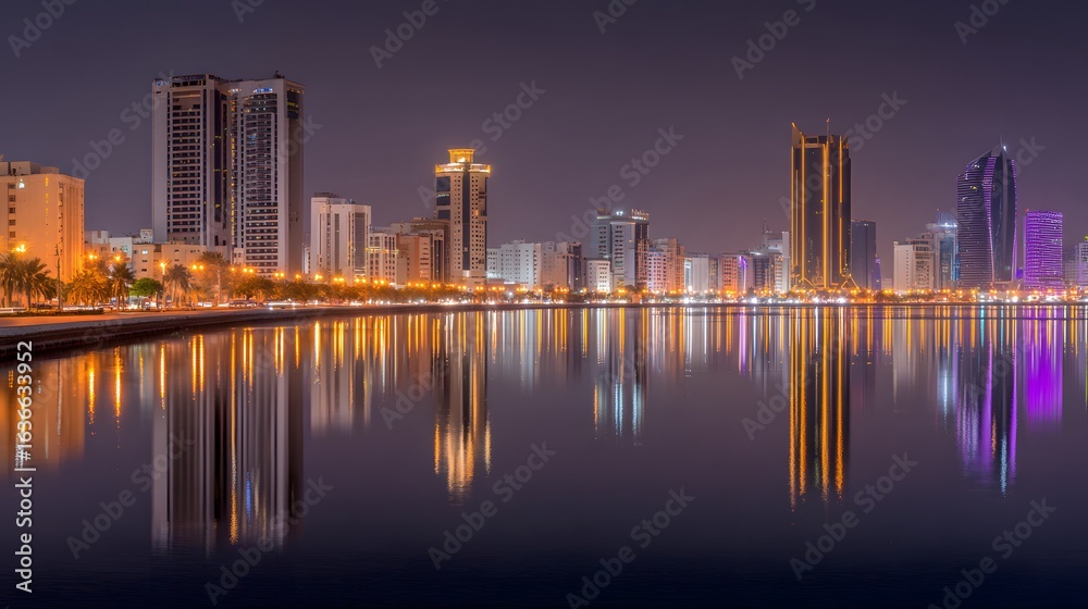 Fototapeta premium City skyline reflected in calm water at night.
