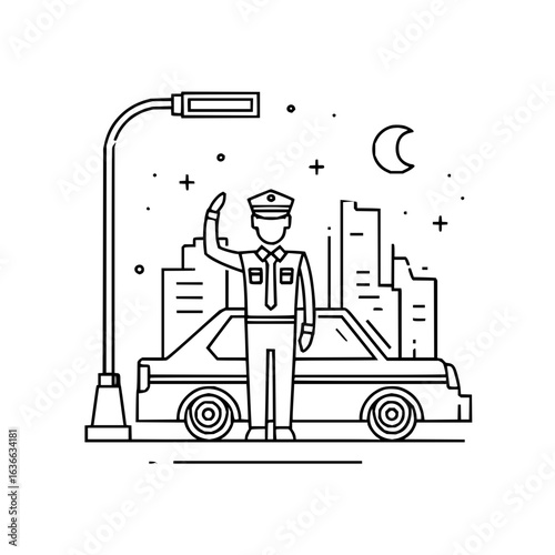 Police officer directing traffic at night with cityscape and car line art illustration design vector