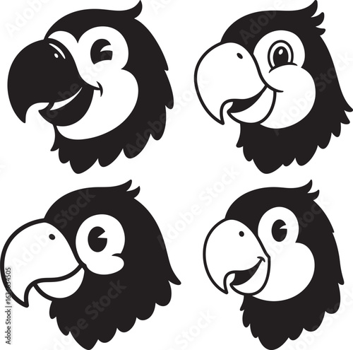 Four cartoon duck faces silhouette isolated on white background