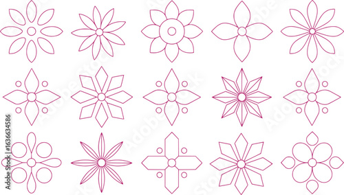 Fifteen Symmetrical Floral Designs in Purple Outlines a Garden of Artistic Geometric Blossoms and Petals Inspired by Nature and Elegant Textile Patterns