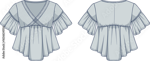 Fashion technical sketch of a women’s wrap top with flutter sleeves, peplum waist, elegant blouse design for garment template illustration