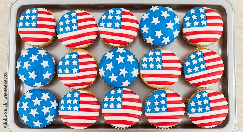 Obraz premium A metal baking sheet filled with American flag-themed cupcakes, decorated with icing.