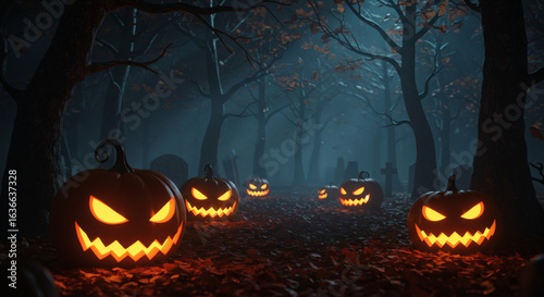 Scary Halloween Pumpkins in Haunted Forest at Night