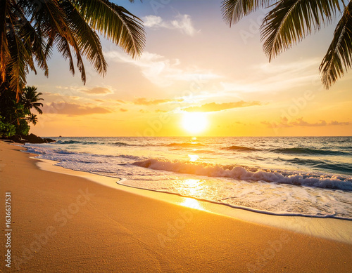 Tropical beach at sunset. Golden sunbeams reflect in the calm waters of a tropical palm-lined beach. The warm evening atmosphere invites you to relax.