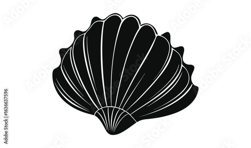 Stylized black and white scallop shell illustration