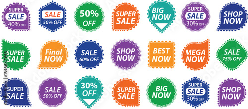 Creative Zigzag Style Sale Badges and Discount Labels Set – Modern Shopping Tags for Special Offers, Black Friday, Clearance Sales, and Promotional Marketing Designs – Editable Vector Illustration