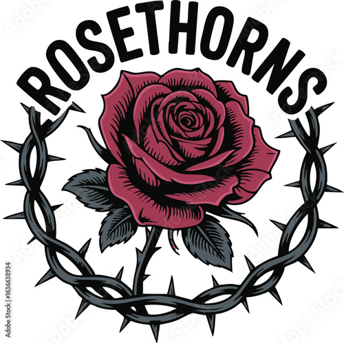Rose and Thorns Vector Graphic Symbolizing Beauty and Painful Protection Design Element