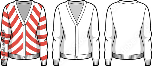 Technical fashion sketch of men’s V-neck cardigan with ribbed hem and sleeves, modern knitwear garment template for apparel design illustration