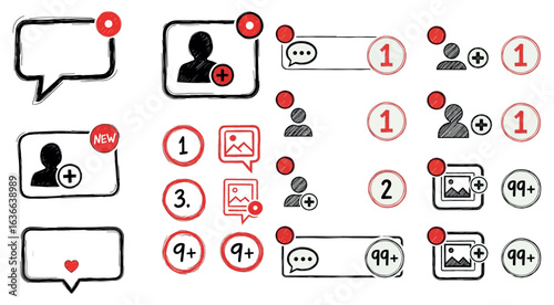 Collection of hand drawn social media notification icons and speech bubbles with red alert dots and number badges