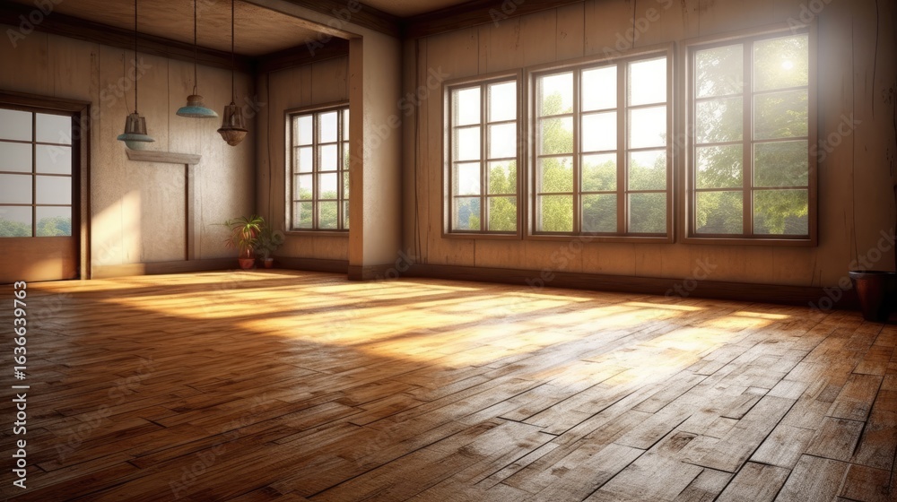 Obraz premium A spacious, wooden room with large windows, hardwood floors, and a wooden ceiling. The room is well-lit with natural light from the windows, creating a warm and inviting atmosphere.