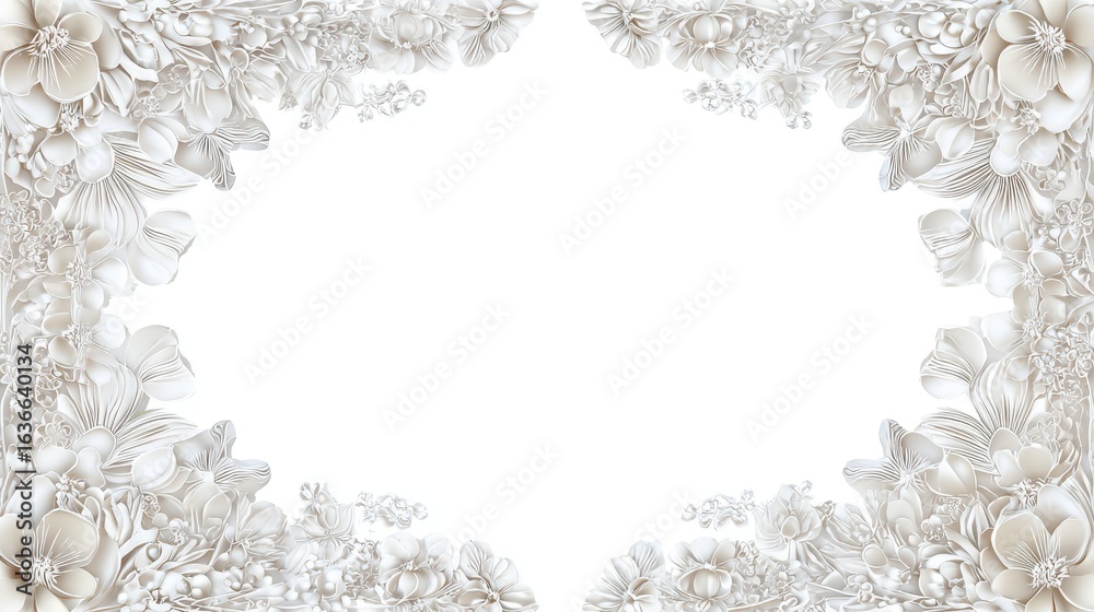 Fototapeta premium Elegant, light gray floral frame, detailed botanical illustrations, creating a decorative border.