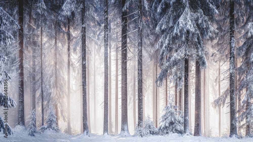 Obraz premium Enchanting winter forest with snow draped evergreen trees, soft sunlight through misty haze,