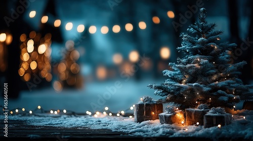 Elegant Christmas scene with fir tree covered in snow