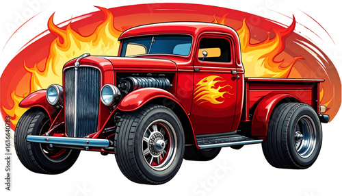 Fiery red vintage pickup truck, classic hot rod design, engulfed in flames, powerful engine.