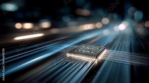Abstract tech background AI chip and light trails business innovation and smart technology concept