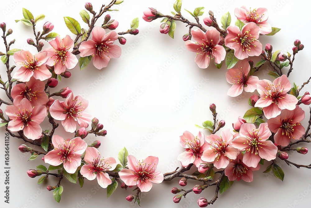 Obraz premium Pink cherry blossom floral oval arrangement over a white background