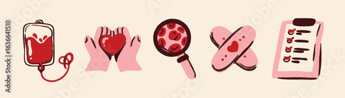 Blood donation icons blood bag, checklist, hands holding heart, magnifying glass, blood cells, medical plasters. Flat vector illustration. Healthcare, medical aid and charity concept