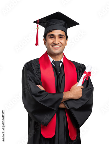 Indian smiling male graduate holding diploma. happy man wearing graduation gown in transparent background