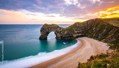 Durdle Door at Sunset: Golden Sky Over Coastal Arch and Sandy Beach