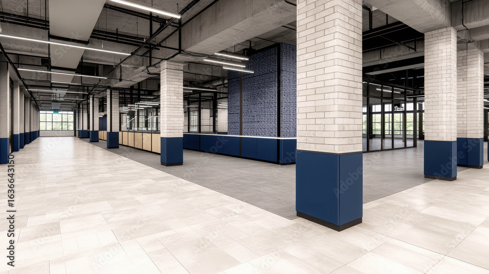 Fototapeta premium Modern open office interior with tall ceilings, large windows, and stylish columns, showcasing a spacious and inviting work environment for collaboration