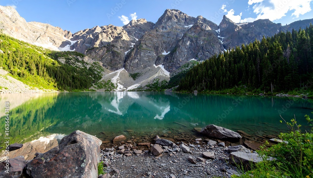Naklejka premium High-resolution image of a crystal-clear alpine lake reflecting majestic mountains and lush pine forests in vibrant summer colors. Perfect for outdoor magazines, travel brochures