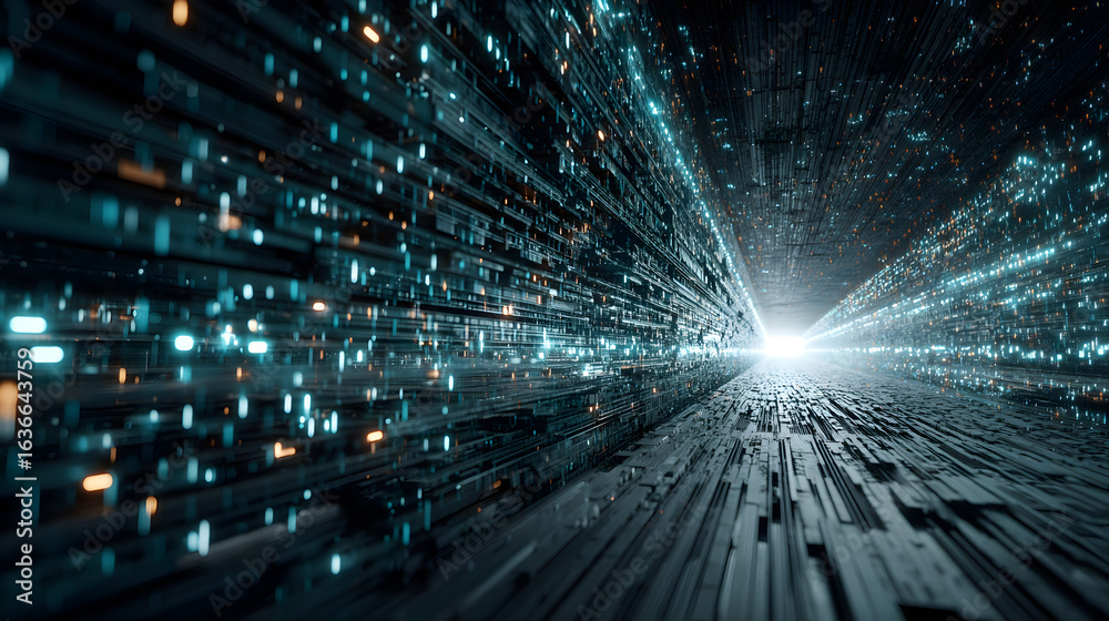 Obraz premium Abstract image depicting a futuristic data stream tunnel glowing teal orange particles, conveying speed technological advancement.