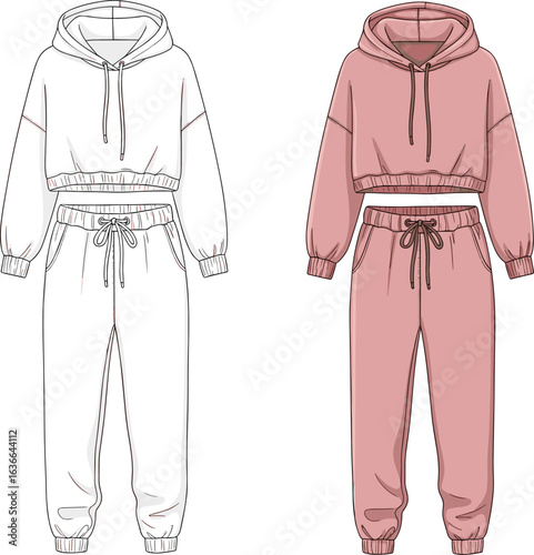 CAD drawing flat vector illustration, cropped hoodie and sweatpants set, loungewear fashion, elastic waist, drawstring, cozy outfit design