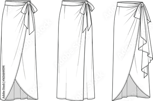 CAD drawing flat vector illustration, wrap skirt fashion design, asymmetrical hemline, ruffle detail, tie waist, trendy apparel sketch