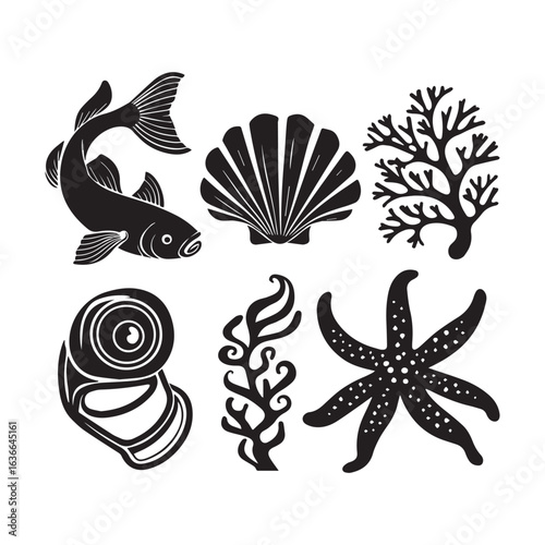 Vector art of collection of black and white marine life icons including a fish, seashell, coral, starfish, seaweed, and a spiral shell, isolated on white background