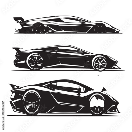 Vector art of collection of modern sports and supercar silhouettes with aerodynamic design, isolated on white background