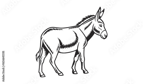 Black and white illustration of a standing donkey in profile