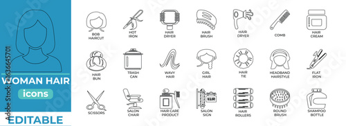 Clean editable woman hair vector icons line art ideal for beauty, fashion, salon, branding, and digital design