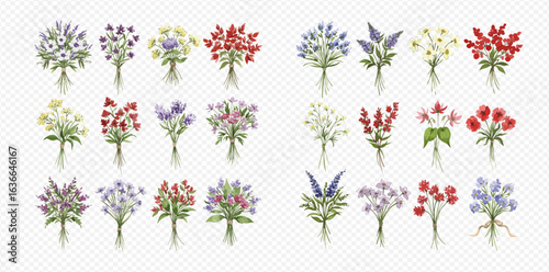 A large collection of twenty-four colorful, illustrated flower bouquets arranged in a grid on a transparent background.