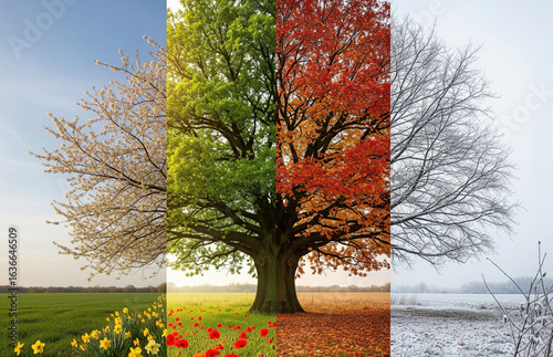 a single tree changing through the four seasons of the year