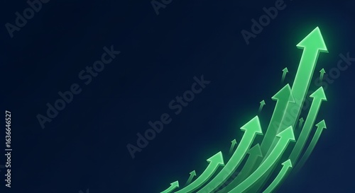 Green arrows ascend upwards against a dark blue background symbolizing growth and success
