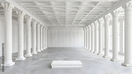 Image shows a pristine white hallway many columns, high ceilings, a central platform, perfect product displays presentations.