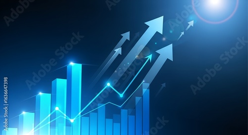 Futuristic glowing blue financial graph with upward arrows symbolizing growth and success in business