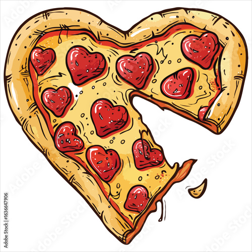 Whimsical Heart Shaped Pizza with Heart Pepperoni Toppings A Romantic and Playful Food Illustration for Valentine's Day or Pizza Lovers