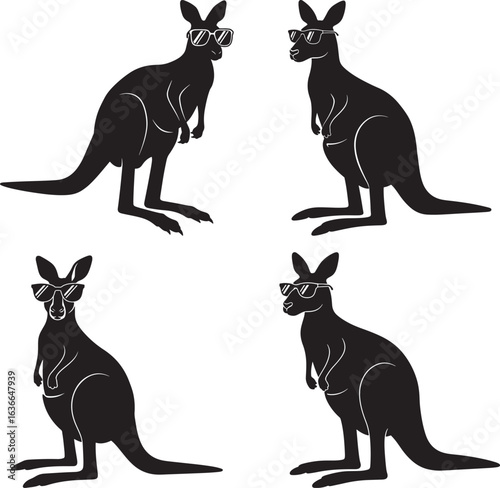 Four kangaroo silhouettes isolated on white background