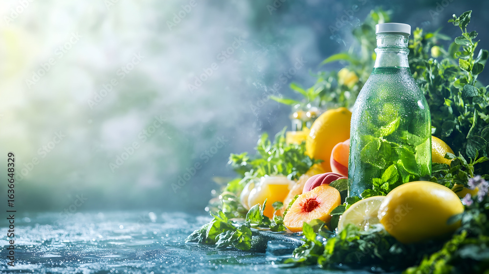 Obraz premium Iced green beverage glass bottle fresh peaches, lemons, mint a wet surface. Perfect summer refreshment themes.