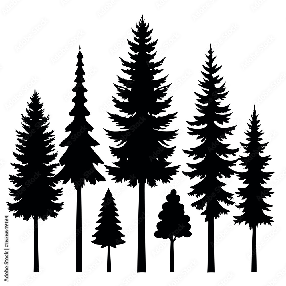 Fototapeta premium Christmas Trees Pictogram Set – Black Pine and Fir Tree Vector Silhouettes