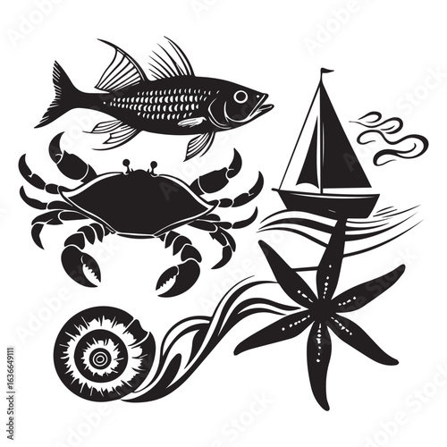 Vector art of marine life and nautical elements including fish, crab, starfish, shell, and sailboat, isolated on white background