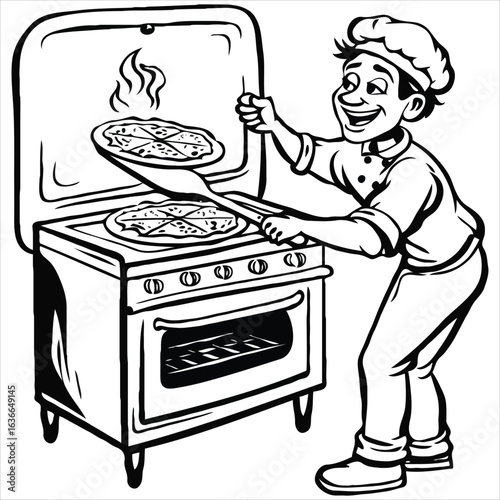 Cartoon Chef Baking Pizzas in Stove Black and White Illustration Ready to Serve Delicious Meal with Enthusiasm and Skill