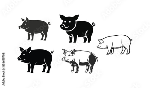 Five stylized illustrations of pigs in various poses and styles