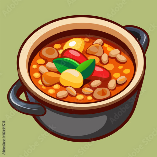 Pot of hearty bean stew with garnishes in a cartoon style. Colorful stew with diverse ingredients in a dark gray pot with a light beige interior.