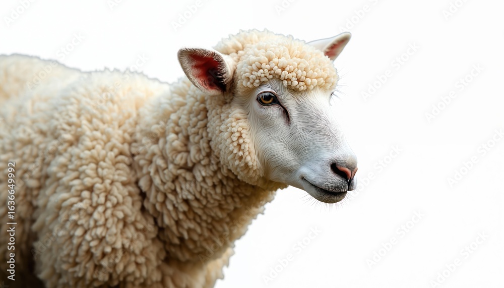 Fototapeta premium White sheep portrait with dense wool coat looking sideways against bright white background. Clean image highlights livestock farming, wool production. Sheep represent domestic animals, rural